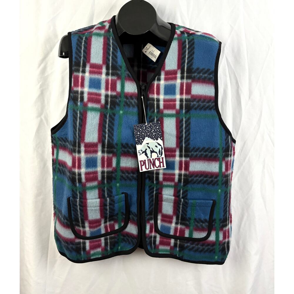 VTG 90s Punch Plaid Fleece Vest Mens Large Blue Red Zip‎ Front NWT